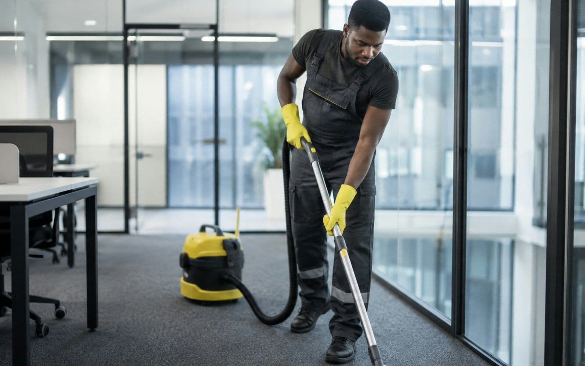 A cleaner vacuuming the carpet in an office